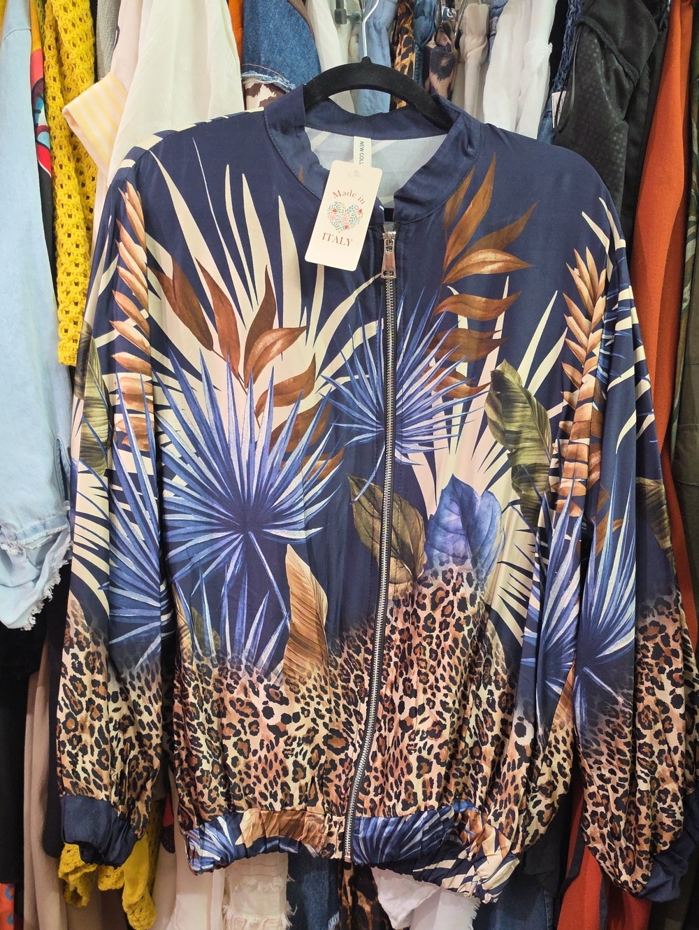 Women’s Navy Tropical & Leopard Print Bomber Style Viscosa Jacket